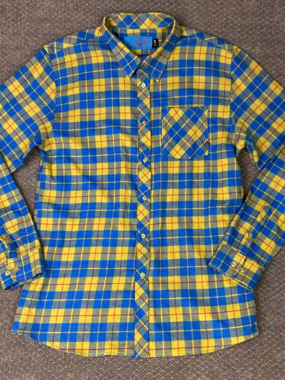 Emerica HSU Skateboarding Flannel Button Up Shirt Mens XL Large Blue Yellow
